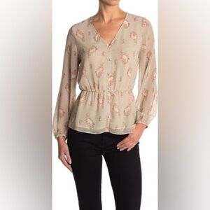 Anthropologie Pleione Floral Print Peplum Long Sleeve Top Blouse cream small